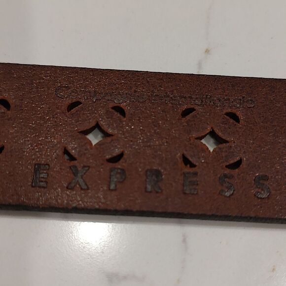 Express Perforated Brown Italian Leather Belt Solid Brass Buckle - Picture 4 of 10